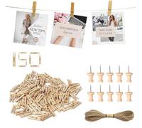 Jogoico Mini Pince à Linge Bois 150PCS, 25mm Naturel Épingles à Linge Bois Petite avec 10M Ficelle de Jute et 10PCS Punaises Liege, Photo Déco pour Cartes Postales Photo Loisirs Créatifs