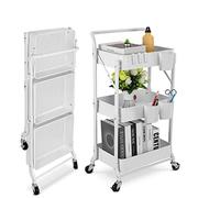 johgee Chariot Utilitaire à roulettes Pliable en métal à 3 Niveaux, Chariot de Rangement Pliable Mobile Multifonction pour la Maison, la bibliothèque, Le Bureau (Pliable, Blanc)