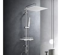 JOHO avec étagère, set de douche avec barre chromée, set de douche en acier inoxydable sans mitigeur, pommeau de douche 30x30cm