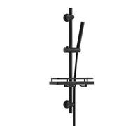 JOHO Barre de douche en acier inoxydable de 70 cm avec étagère de douche, support de pommeau de douche et douchette à main en laiton, douchette avec tuyau et support, noire