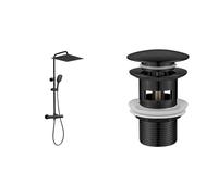 JOHO Inoxy 304 Colonne de Douche Noir avec 38 ° C Mitigeur Thermostatique Colonne Douche Inox Mural & Ibergrif M20502B Bombe Vidage Salle de Bain, Bonde lavabo avec Trop Plein, Pop Up, Noir, M