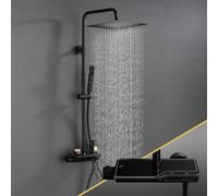 JOHORegendusche Kit de douche avec robinetterie Système de douche complet en acier inoxydable avec thermostat Douche à main barre de douche noir mat (3030MB)