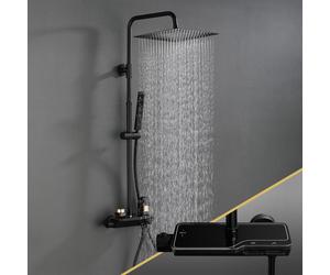 JOHORegendusche Kit de douche avec robinetterie Système de douche complet en acier inoxydable avec thermostat Douche à main barre de douche noir mat (3030MB)