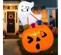 Joiedomi Fantôme d'Halloween gonflable mignon de 1,5 m avec citrouille lumineuse intégrée et sacs de bonbons, décorations d'Halloween gonflables pour fête intérieure, extérieure, jardin, pelouse