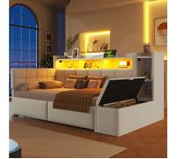 JOINERY Lit banquette 90 x 190 cm canapé lit avec 2 tiroirs rangement LED USB Type C velours blanc étagère coffre sans matelas