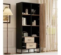 JOINERY meuble buffet haut rangement 80 x 40 x 180 cm MDF décor bois noir 1 porte 2 tiroirs 3 niches ouvertes salon bureau entrée
