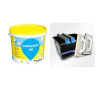 Joint de carrelage adapté piscine,20kg, blanc pur, Haute Résistance, WEBERJOINT HR, WEBER & HELPMATE set de lavage de carreaux 5 pièces : seau en plastique de 12 litres, double rouleaux