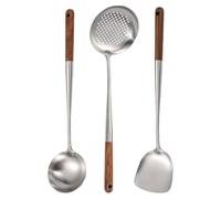 jojofuny Ensemble de 3 Ustensiles Cuisine en Acier Inoxydable avec Manche en Bois, Design Ergonomique, Cuillère à Trous et Spatule Wok Polyvalente Cuisine Maison