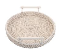 jojofuny Plateau de Service Rond en Rotin Tressé avec Poignées, Panier Alimentaire Décoratif Portable, Capacité de Rangement Spacieuse pour Snacks et Tasses, pour Salon