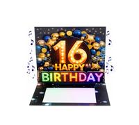 Joli Coon Carte anniversaire 16 ans avec musique et lumière - Carte pop up 3D pour le 16e anniversaire garçon avec effet lumineux, enveloppe et autocollant sceau - 20 x 15 cm
