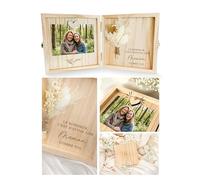 Joli Coon Coffret cadeau maman en bois, 14 x 14 x 3 cm | Vraies fleurs séchées, emplacement photo avec aimant en cœur, gravure intérieure, fermoir métallique, prêt à offrir
