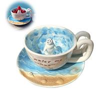 Joli mug en céramique avec figurine d'animal 3D à l'intérieur, tasse à café fantaisie avec soucoupe texturée en coquillage et intérieur bleu océan, tasse à thé amusante peinte à la main, cadeau