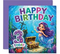 Jolie carte d'anniversaire 3 ans - Make a Splash on Their Big Day - Sirène fantaisie, coffre au trésor et créatures marines ludiques - Carré de 145 mm, enveloppe incluse