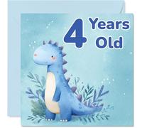 Jolie carte d'anniversaire 4 ans - Rawrsome Wishes for a Big Birthday - Dinosaure bleu aquarelle avec feuillage luxuriant - Carré de 145 mm, enveloppe incluse