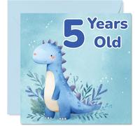 Jolie carte d'anniversaire 5 ans - Amusant pour leur grand jour - Dinosaure bleu aquarelle entouré d'un feuillage feuillus - Carré de 145 mm, enveloppe incluse