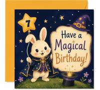 Jolie carte d'anniversaire 7 ans - Lapin magicien magique qui apporte la magie d'anniversaire - Ballon étoile avec grand « 7 » doré et détails étincelants - Carré de 145 mm, enveloppe incluse