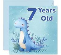 Jolie carte d'anniversaire 7 ans - Souhaits d'anniversaire rugissants - Dinosaure bleu sympathique en aquarelle parmi un feuillage luxuriant - sûr de ravir tout petit fan de dinosaures - Carré de 145