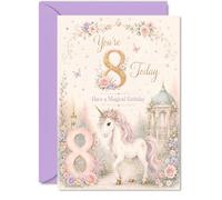 Jolie carte d'anniversaire 8 ans avec licorne magique et papillons