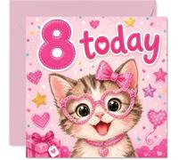 Jolie carte d'anniversaire 8 ans, chaton scintillant dans des lunettes en forme de cœur avec nœuds