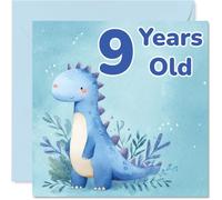 Jolie carte d'anniversaire 9 ans - Amusant pour leur grand jour - Dinosaure bleu ludique à l'aquarelle avec détails feuilles - Carré de 145 mm, enveloppe incluse