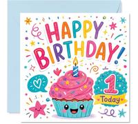 Jolie carte d'anniversaire - Bright Wishes for a Special First - Cupcake souriant avec bougie, étoiles et confettis - Pops avec couleur ludique et joie - Carré de 145 mm, enveloppe incluse