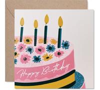 Jolie carte d'anniversaire - Bursting with Birthday Cheer - Gâteau floral rose avec illustration de cinq bougies - Carré de 145 mm, enveloppe incluse