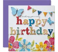 Jolie carte d'anniversaire - Exaltant la joie d'anniversaire - Papillons colorés, fleurs et fanions patchwork - Carré de 145 mm, enveloppe incluse