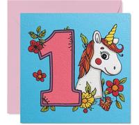 Jolie carte d'anniversaire pour 1er anniversaire - Débordante de magie d'anniversaire - Licorne souriante, grand chiffre rose et fleurs colorées - Carré de 145 mm, enveloppe incluse