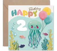 Jolie carte d'anniversaire pour 2e anniversaire - Sourire sous la mer pour un petit amoureux des méduses - Carré de 145 mm, enveloppe incluse