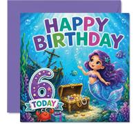 Jolie carte d'anniversaire pour 6e anniversaire - Faites une éclaboussure sur leur grand jour - Sirène magique et aventure au trésor avec créatures marines ludiques - Carré de 145 mm, enveloppe
