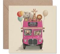 Jolie carte de naissance - All Aboard the Celebration Bus - Rose à deux étages remplie de bébés animaux et de ballons - Carré de 145 mm, enveloppe incluse