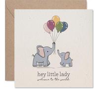 Jolie carte de naissance - Hey Little Lady, Welcome to the World - Adorables éléphants avec ballons pastel - Vœux chaleureux pour une nouvelle fille précieuse - Carré de 145 mm, enveloppe incluse