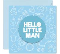 Jolie carte de naissance - Welcome to the World, Little Man - Carte bleu clair avec icônes ludiques pour chambre d'enfant et badge festonné - Carré de 145 mm, enveloppe incluse