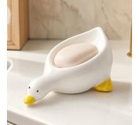 Jolie tasse à savon en forme de canard en plastique blanc ovale pour salle de bain avec bonde oblique, compact, léger, peu encombrant
