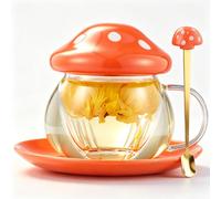 Jolie tasse à thé en verre en forme de champignon avec infuseur et cuillère, théière Kawaii transparente avec filtre, couvercle en céramique et dessous de verre, résistante à la chaleur pour la maison