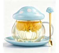 Jolie tasse à thé en verre en forme de champignon avec infuseur et cuillère, théière Kawaii transparente avec filtre, couvercle en céramique et dessous de verre, résistante à la chaleur pour la maison
