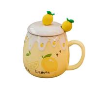 Jolie tasse en céramique avec couvercle - 450 ml - Pour couple, maison, bureau, petit déjeuner, café, lait, citron jaune (cuillère à fruits)