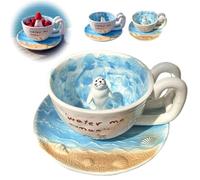 Jolie tasse en céramique avec sceau 3D debout à l'intérieur de la tasse avec soucoupe texturée en coquillages, tasse à café, thé, chocolat chaud avec « Water Me Human » pour les amoureux des animaux