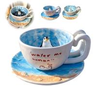 Jolie tasse en céramique avec sceau 3D debout à l'intérieur de la tasse avec soucoupe texturée en coquillages, tasse à café, thé, chocolat chaud avec « Water Me Human » pour les amoureux des animaux