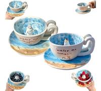 Jolie tasse en céramique avec sceau de dessin animé, tasse à café faite à la main avec figurine de phoque 3D nageur, figurine fantaisie 3D debout à l'intérieur, tasse avec soucoupe texturée en