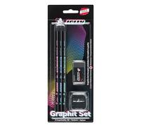 JOLLY Next Generation Graphit Set 3 crayons graphite HB Bois noir, forme de crayon ronde au design discret, gomme et taille-crayon noir inclus
