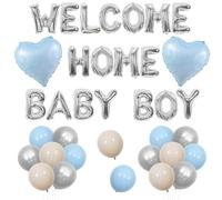 Jollyboom Décorations de bienvenue à la maison pour bébé garçon, bannière de ballon bleu argent pour bébé garçon, ballons bleus et blancs, ballons en aluminium en forme de cœur pour garçons, fête de