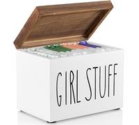Jomeis Girl Stuff Boîte de rangement | Organiseur de salle de bain pour produits d'hygiène féminine | En bois avec couvercle à charnière | Rangement discret et élégant pour tampons, doublures -