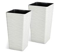 JonesHouseDeco Lot de 2 Grands Pots Blanche Carrés en Plastique Robustes - Hauteur 55 cm, Résistants aux Intempéries - Pots Décoratifs pour Porte d'Entrée, Intérieur et Extérieur