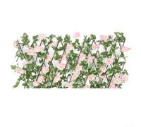 Jonikuper Clôture extensible en bois artificiel avec feuilles vertes et fleurs - Treillis télescopique pour balcon, terrasse, décoration extérieure, hauteur réglable (rose clair)
