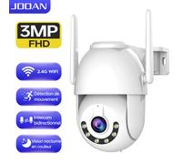 JOOAN Caméra de surveillance extérieure 3MP 360° PTZ Wi-Fi 2,4 G, IP66 étanche, détection de mouvement et alarmes sonores, vision nocturne en couleur, enregistrement 24/7, stockage en nuage ou carte S