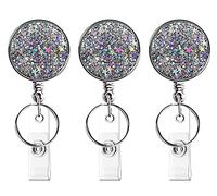 JOOTUEPO Lot de 3 porte-badges rétractables avec anneau de fixation et clip de ceinture pour infirmière, volontaire, enseignant, étudiant, employés de bureau, Argenté., (3P Glitter Silver)