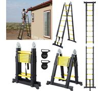 Jopassy Echelle télescopique Echelle pliante Stabil Aluminium Escabeau 2,5m+2,5m noir+jaune sans crochets Avec stabilisateur Avec roues