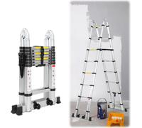 Jopassy Escabeau télescopique Alu léger Antidérapant 1,9m+1,9m Argent Escabeau multifonctions Escabeau à coulisse 15 marches Escabeau en aluminium de qualité supérieure Capacité de charge 150KG