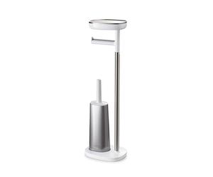 Joseph Joseph EasyStore Plus - Porte Rouleau de Papier Toilette sur Pied et Brosse Toilette WC, avec étagère de téléphone et Compartiment pour Articles sanitaires, Acier Inoxydable